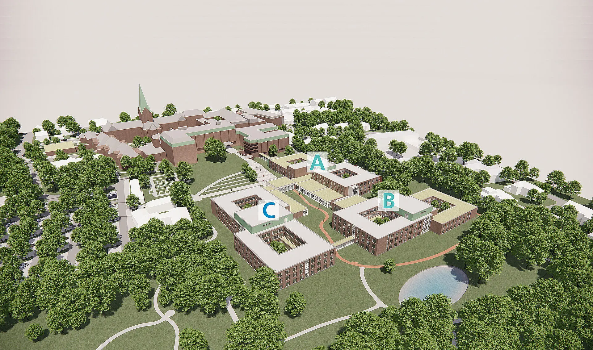 Visualisierung: LUDES Architekten Zeichnung vom Campus St. Josef-Stift mit den drei Doppel-Atriumgebäuden des Reha-Zentrums