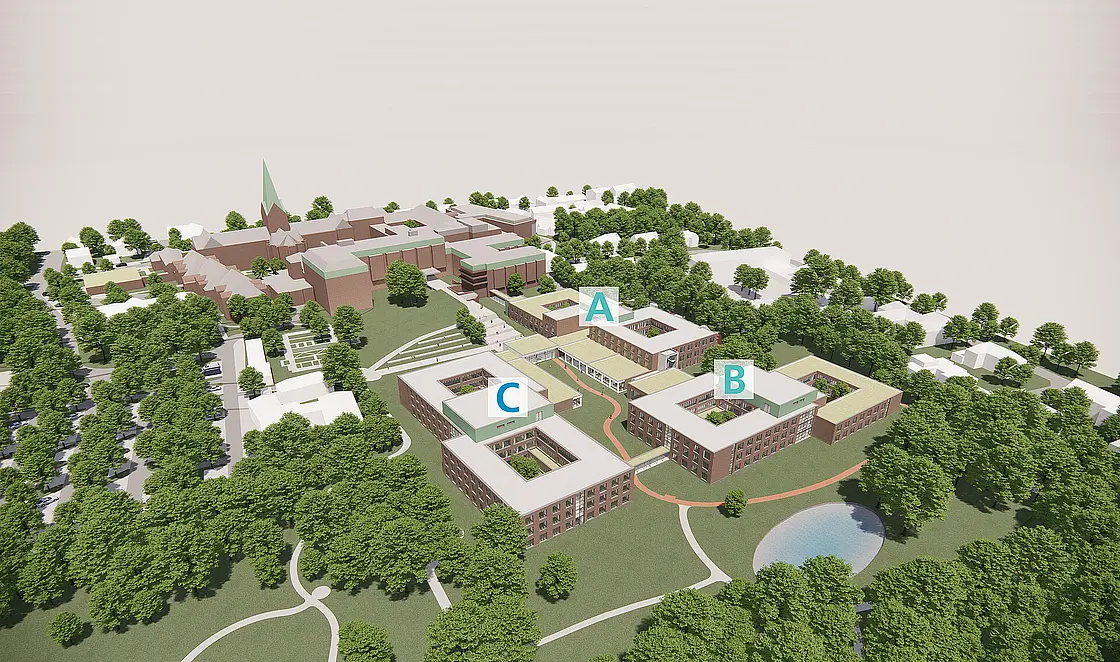 Zeichnung vom Campus St. Josef-Stift mit den drei Doppel-Atriumgebäuden des Reha-Zentrums