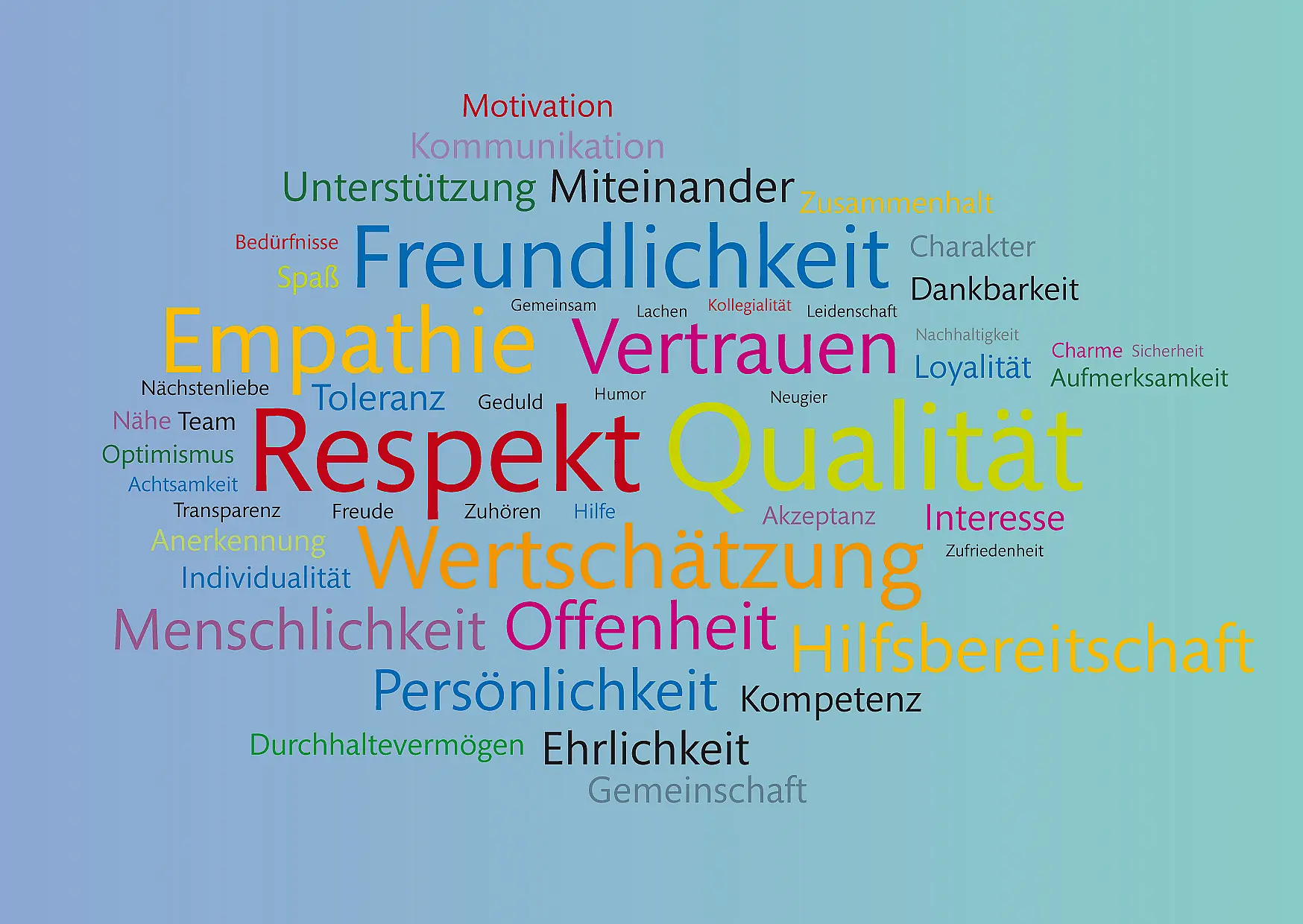 Die Schriftzüge von Werten bilden in ihrer grafischen Anordnung eine Wolke