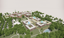 Das erweiterte Reha-Zentrum mit den Gebäudeteilen A, B und dem neuen Teil C.